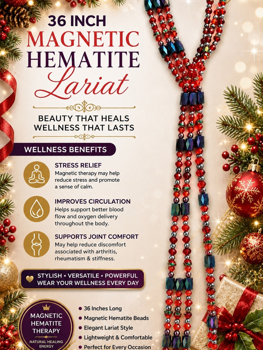 Magnetic Hematite Lariat Necklace - Red Hematite
